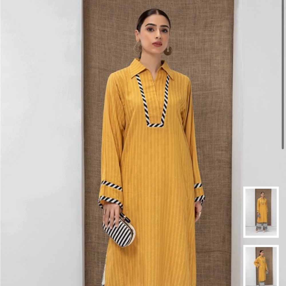 Mustard Long Sleeve Dress with Black and White Trim
